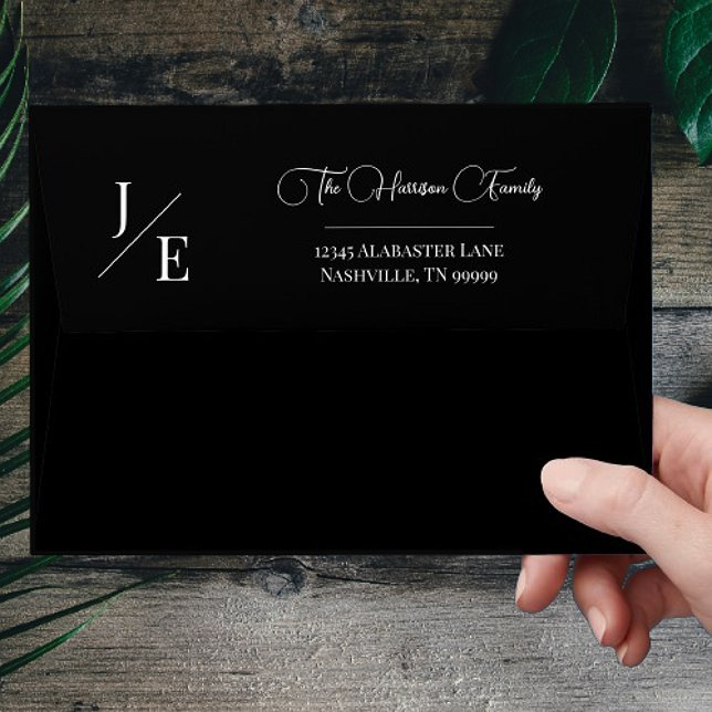 Minimalist Monogram Wedding Address | Black Envelope (Minimalist Monogram Wedding Addressed Black Envelope)