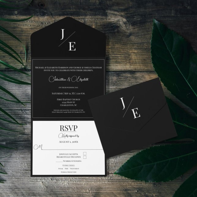 Minimalist Monogram Wedding | Black All In One Invitation (Minimalist Monogram Wedding Black All in One Invitation)