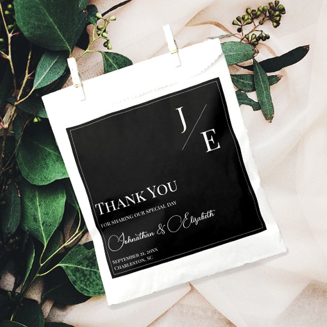 Minimalist Monogram Wedding | Black Favor Bag (Black Minimalist Monogram Wedding Favor Bags)
