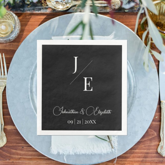 Minimalist Monogram Wedding | Black Paper Dinner Napkins (Black Minimalist Monogram Wedding Paper Dinner Napkins)