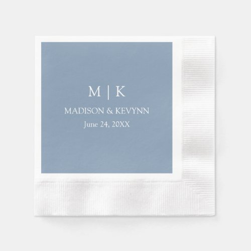 Minimalist Monogram Wedding Dusty Blue Cocktail Napkins