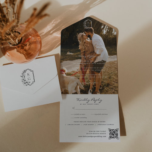 Minimalist Monogram Wedding Photo QR Code All In One Invitation