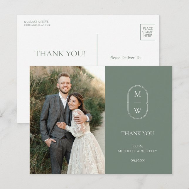 Minimalist Monogram Wedding Photo Thank You Postcard (Front/Back)