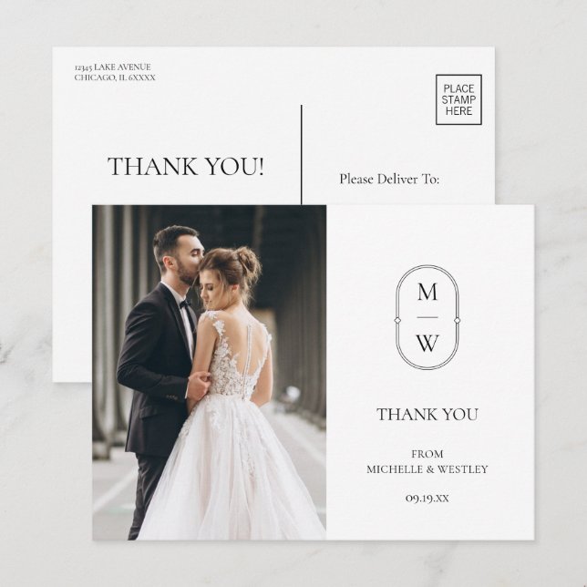Minimalist Monogram Wedding Photo Thank You Postcard (Front/Back)