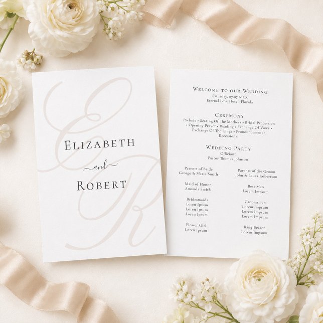 Minimalist Monogram Wedding Program Card (Minimalist Monogram Wedding Program Card on a table with white flowers and beige silk ribbons)