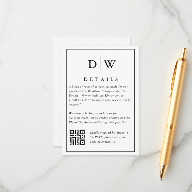 Minimalist Monogram Wedding QR Code Enclosure Card (Front/Back In Situ)