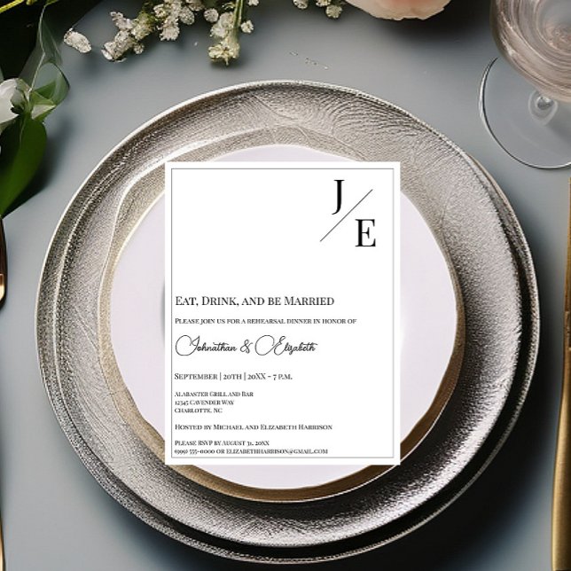 Minimalist Monogram Wedding Rehearsal Dinner White Invitation (Minimalist Monogram Wedding Rehearsal Dinner Invitation | White)