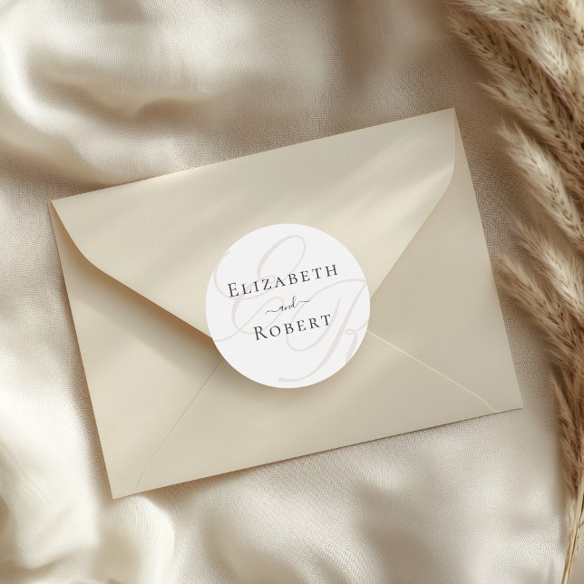 Minimalist Monogram Wedding Round Sticker (Elegant Minimalist Beige Monogram Wedding Classic Round Sticker on an elegant envelope.)