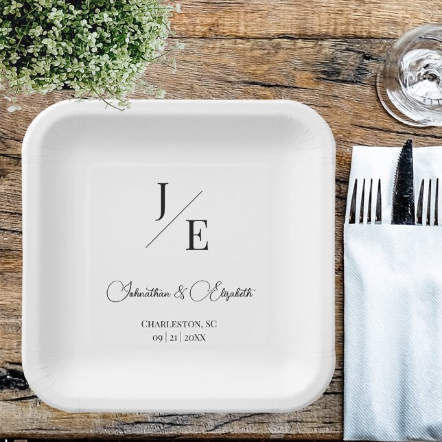 Minimalist Monogram Wedding | White Paper Plates (Minimalist Monogram White Wedding Paper Plate)
