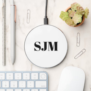 Minimalist monogram white black modern text name wireless charger 