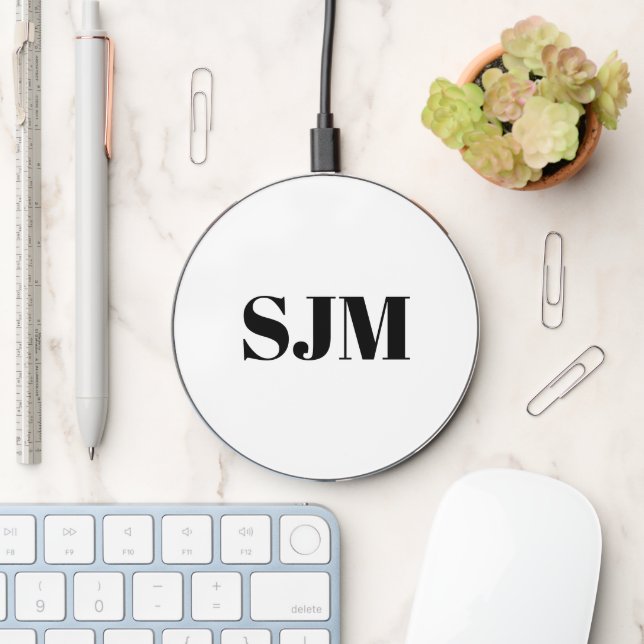 Minimalist monogram white black modern text name wireless charger  (Desk)