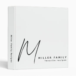 Minimalist Monogram White Family Recipes 3 Ring Binder