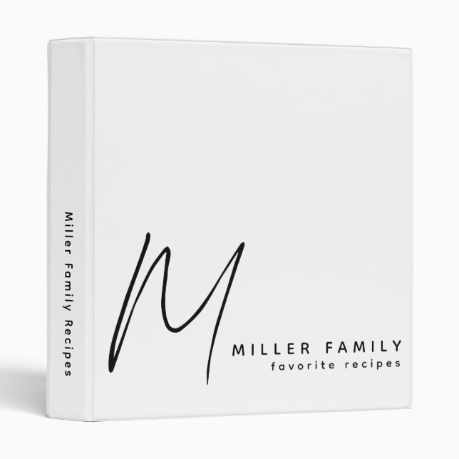 Minimalist Monogram White Family Recipes 3 Ring Binder (Front/Spine)