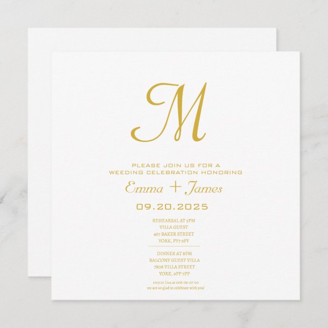 Minimalist Monogram White Gold Wedding Invitation (Front/Back)