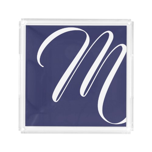 Minimalist Monogram White Navy Blue Acrylic Tray