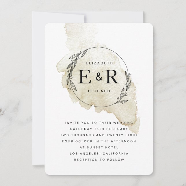 Minimalist Monogram Wreath Watercolor Wash Wedding Invitation (Front)