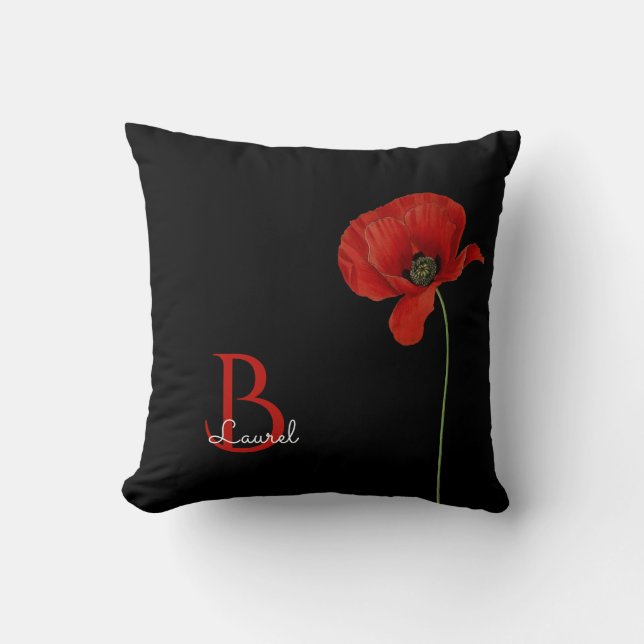Minimalist Monogrammed Red Poppy on Black Throw Pillow (Front)