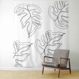 Minimalist Monstera Hand Drawn Gesture Black White Tapestry