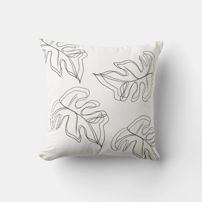 Minimalist Monstera Hand Drawn Gesture Black White Throw Pillow (Front)