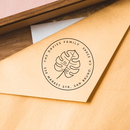 Minimalist Monstera Leaf  Round Return Address Self_inking Stamp