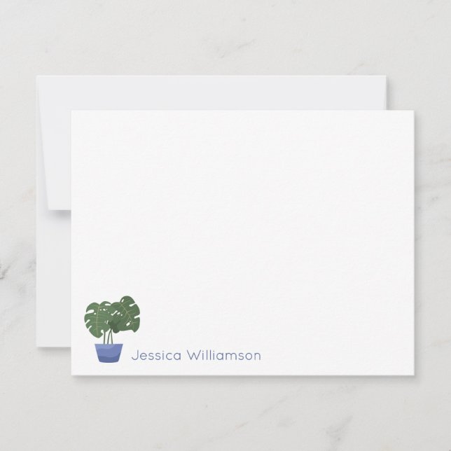 Minimalist Monstera Plant Blue Personalized Name Note Card (Front)