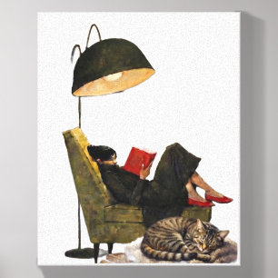 Minimalist Moody Reading in Armchair with Cat Wall Canvas Photo Tile