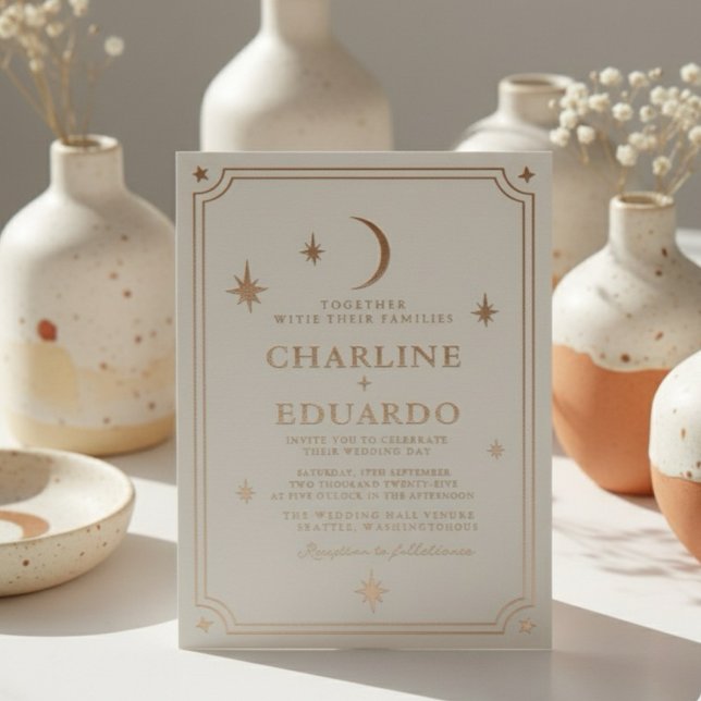 Minimalist Moon and Stars Gold Foil Wedding  Foil Invitation (Creator Uploaded)