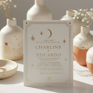 Minimalist Moon and Stars Gold Foil Wedding  Invitation