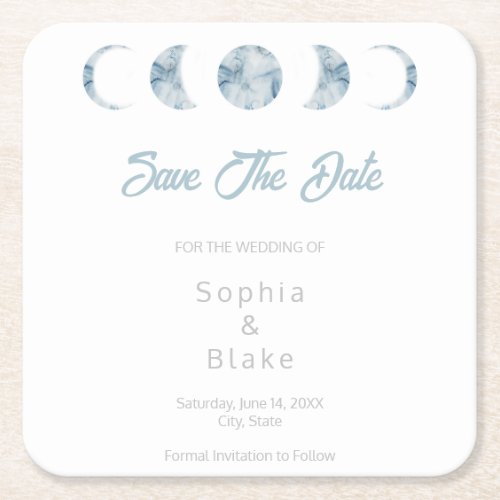 Minimalist Moon Phases Celestial Save the Date Square Paper Coaster