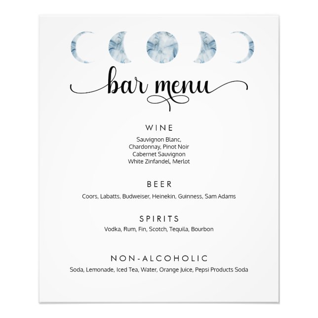 Minimalist Moon Phases Wedding Bar Menu Poster (Front)