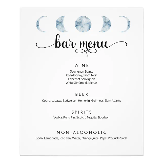 Minimalist Moon Phases Wedding Bar Menu Poster | Zazzle
