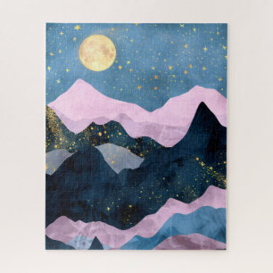 Minimalist Moon Stars Celestial Mountain Valley Jigsaw Puzzle