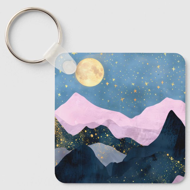Minimalist Moon Stars Celestial Mountain Valley Keychain (Front)