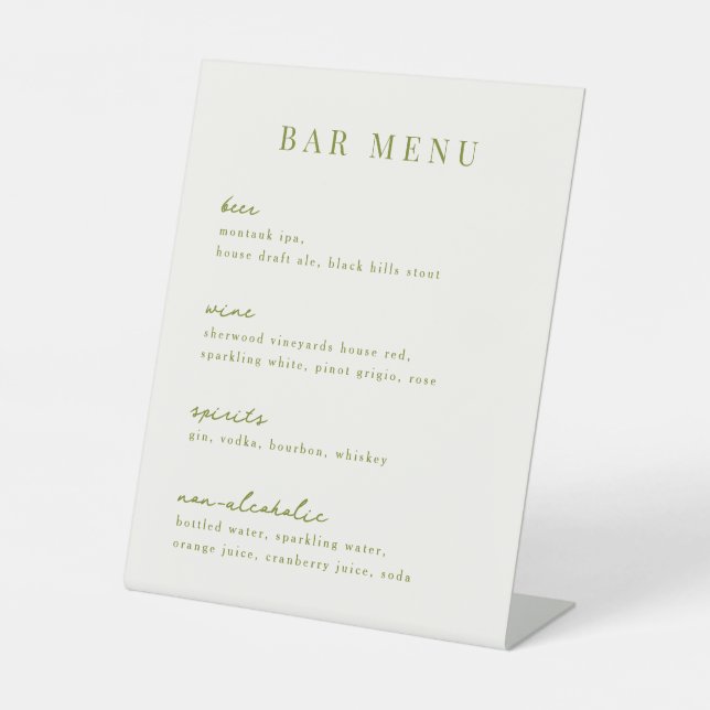 Minimalist Moss Green Bar Menu List Pedestal Sign (Front)