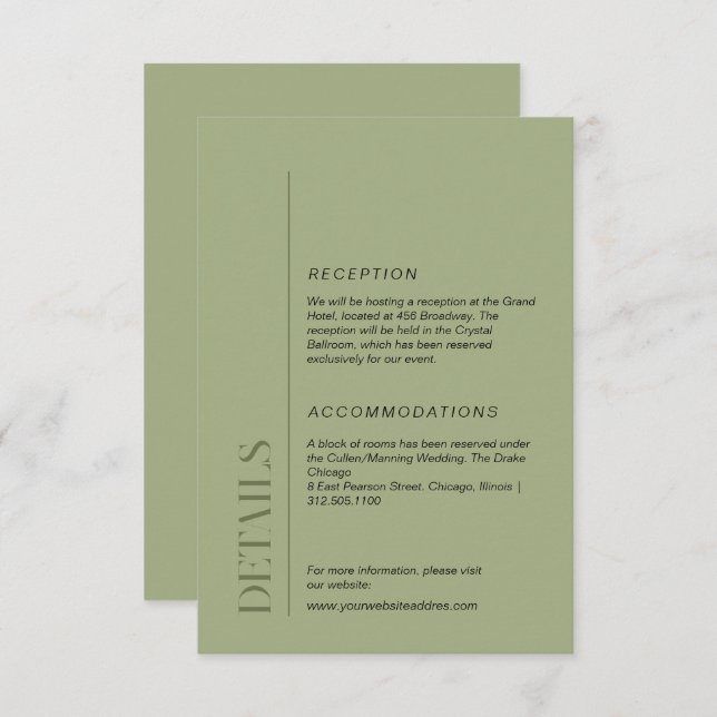 Minimalist moss green wedding information  enclosure card (Front/Back)