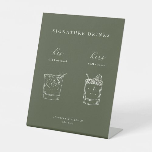 Minimalist Moss Green Wedding Signature Drinks Pedestal Sign