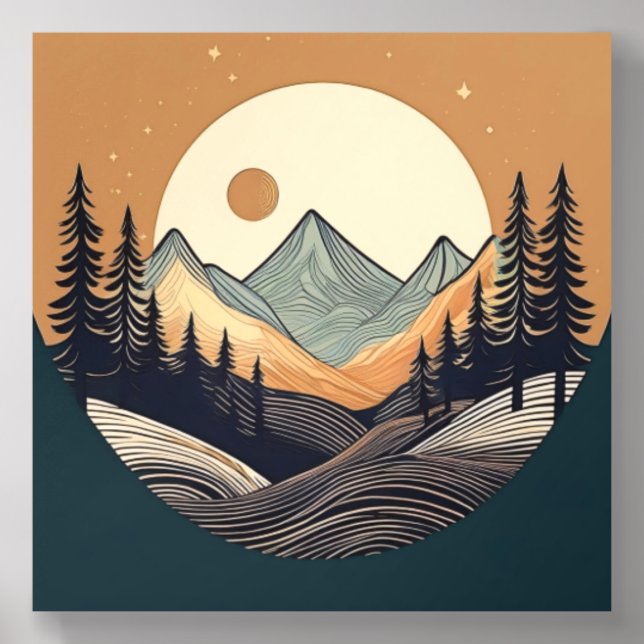 Minimalist Mountain and Moon Landscape Acrylic Photo Tile (Front Set)
