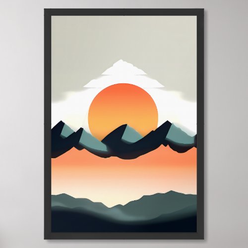 Minimalist mountain range with a rising sun framed art