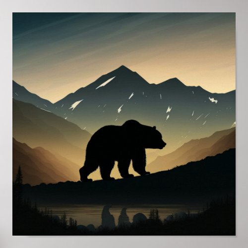 Minimalist Mountains and Black Bear Silhouette  Poster