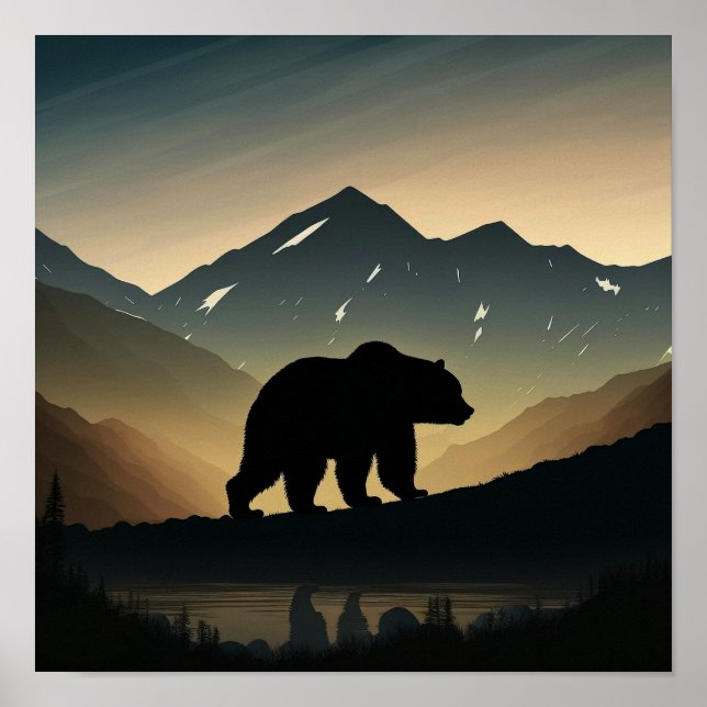 Minimalist Mountains and Black Bear Silhouette  Poster (Front)