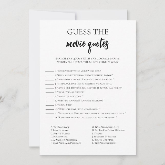Minimalist Movie Quotes Bridal Shower Game Card (Front)