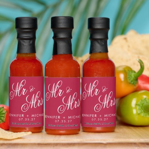 Minimalist Mr and Mrs Magenta Red Wedding Favor Hot Sauces