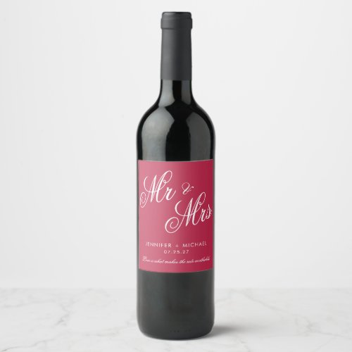 Minimalist Mr and Mrs Magenta Red Wedding Wine Label