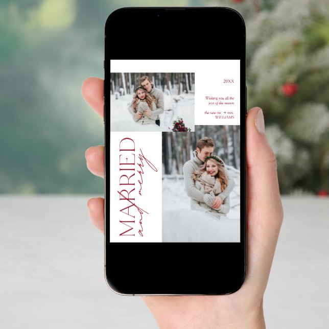 Minimalist Mr and Mrs Red Married & Merry Photo Holiday Card (Front Digital)