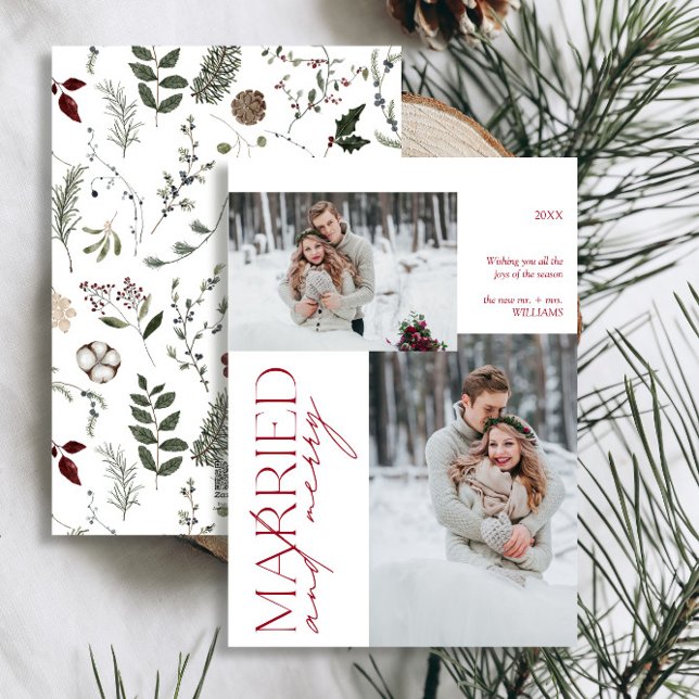 Minimalist Mr and Mrs Red Married & Merry Photo Holiday Card (Easily personalize this newlywed photo holiday card with your favorite image and deets)