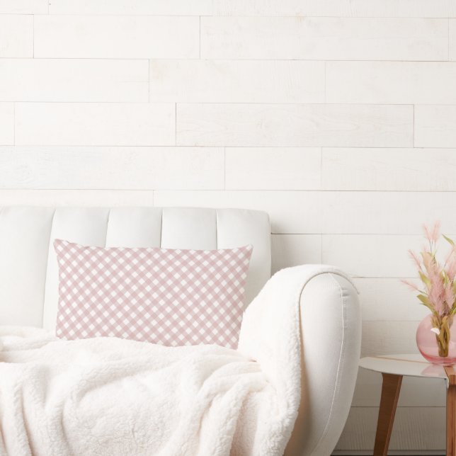 Minimalist Muted Pink Shade Plaid Pattern Lumbar Pillow (Couch)