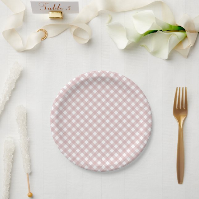 Minimalist Muted Pink Shade Plaid Pattern Paper Plates (Wedding)