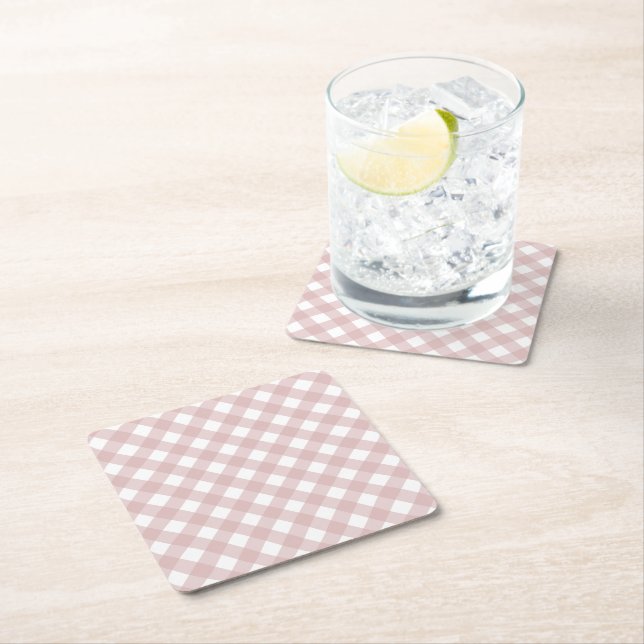 Minimalist Muted Pink Shade Plaid Pattern Square Paper Coaster (Insitu)
