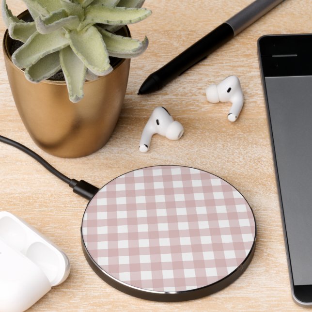Minimalist Muted Pink Shade Plaid Pattern Wireless Charger (Desk 2)