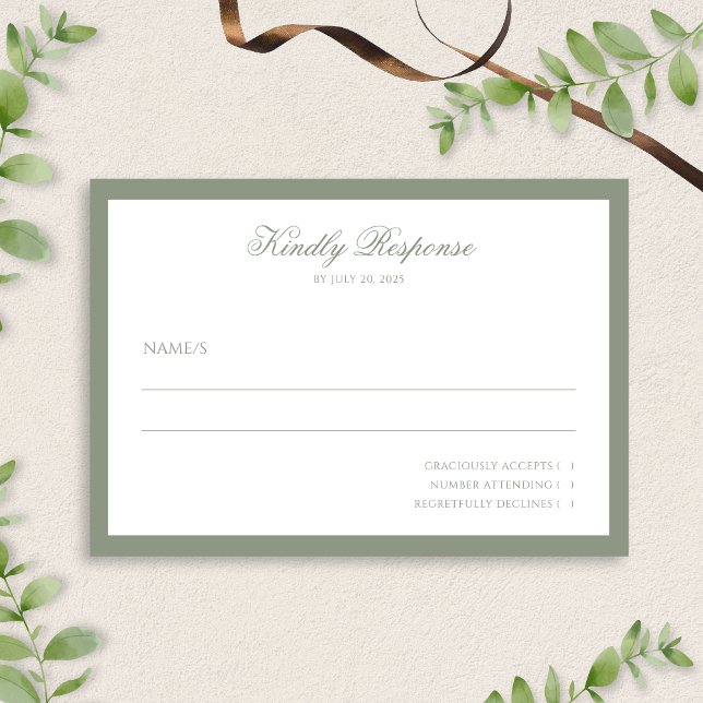 Minimalist Muted Sage Green Border Script Wedding  RSVP Card (Creator Uploaded)